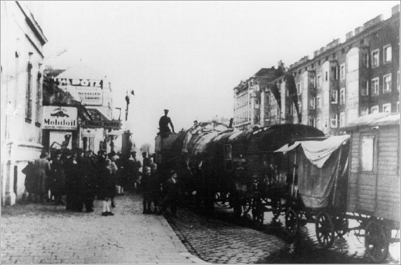 Gypsies in caravans on a street, prior to their deportation from Vienna to concentration camps